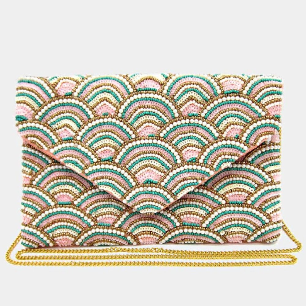 Coral Bells & Seashells Seed Beaded Crossbody Bag Clutch Handbag Spring Fashion